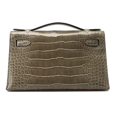 Hermès Kelly Pochette Clutch Gris Tourterelle Shiny Crocodile Alligator GHW