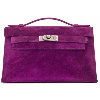 Hermès Kelly Pochette Clutch Violet Doblis Suede PHW 