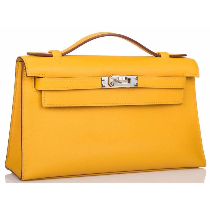 HERMES Pochette Kelly Hand Bag Swift Leather Jaune ambre 90179695