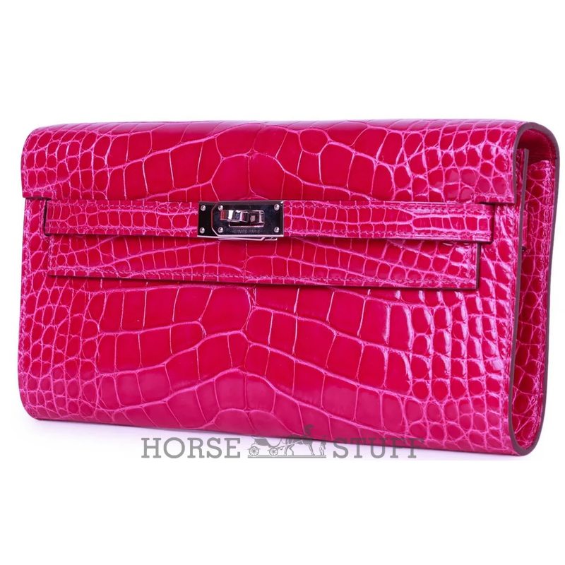 Hermès Kelly To Go Wallet Rose Scheherazade Shiny Crocodile Alligator RGHW