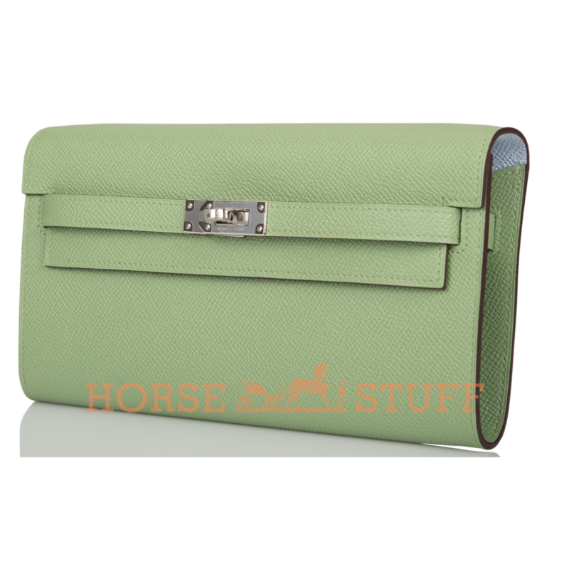 Hermès Kelly To Go Wallet Verso Vert Criquet / Blue Brume Epsom PHW