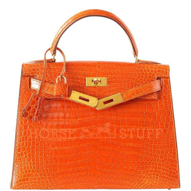 Hermès Kelly Sellier 25 Orange Lisse Crocodile Porosus GHW