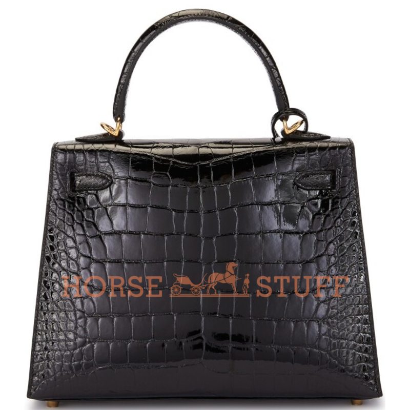 Hermès Kelly Sellier 25 Black Lisse Crocodile Alligator GHW