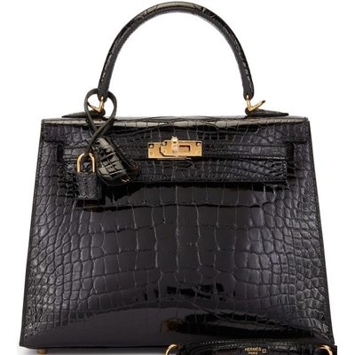 Hermès Kelly Sellier 25 Black Lisse Crocodile Alligator GHW