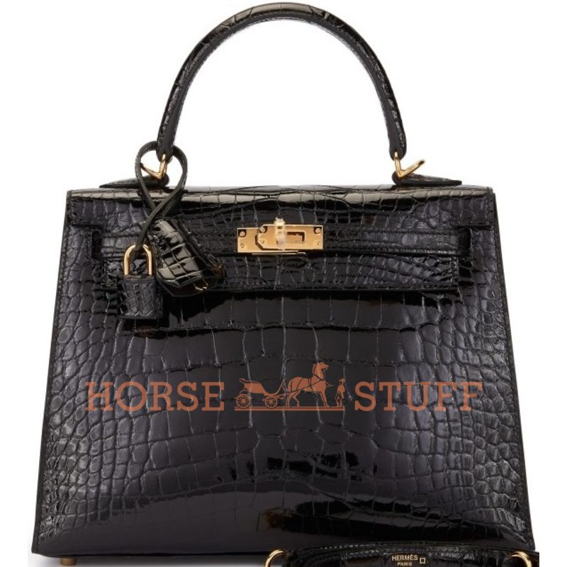 Hermès Kelly Sellier 25 Black Lisse Crocodile Alligator GHW