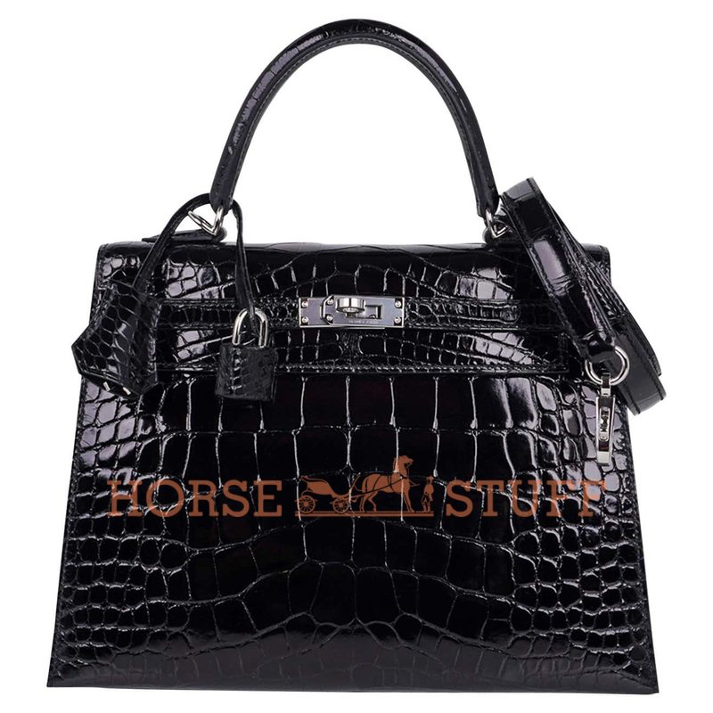 Hermès Kelly Sellier 25 Black Lisse Crocodile Alligator PHW