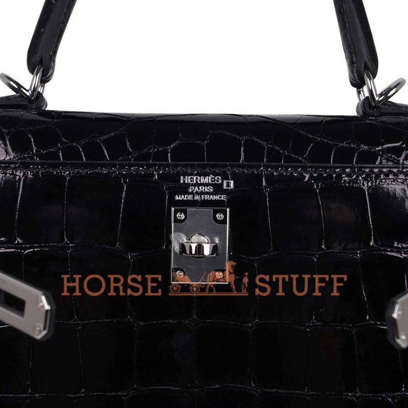 Hermès Kelly Sellier 25 Black Lisse Crocodile Alligator PHW