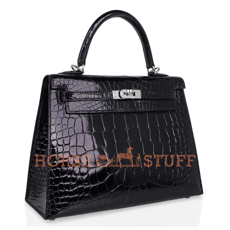 Hermès Kelly Sellier 25 Black Lisse Crocodile Alligator PHW