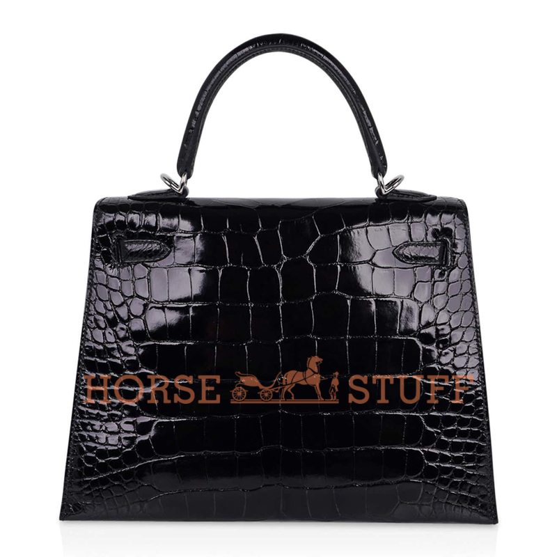 Hermès Kelly Sellier 25 Black Lisse Crocodile Alligator PHW