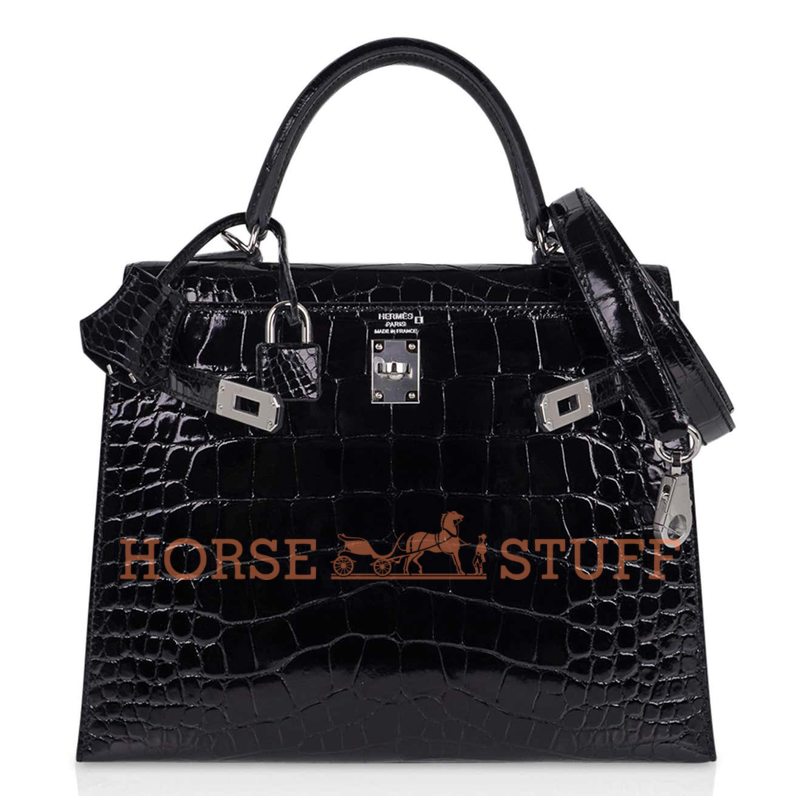 Hermès Kelly Sellier 25 Black Lisse Crocodile Alligator PHW