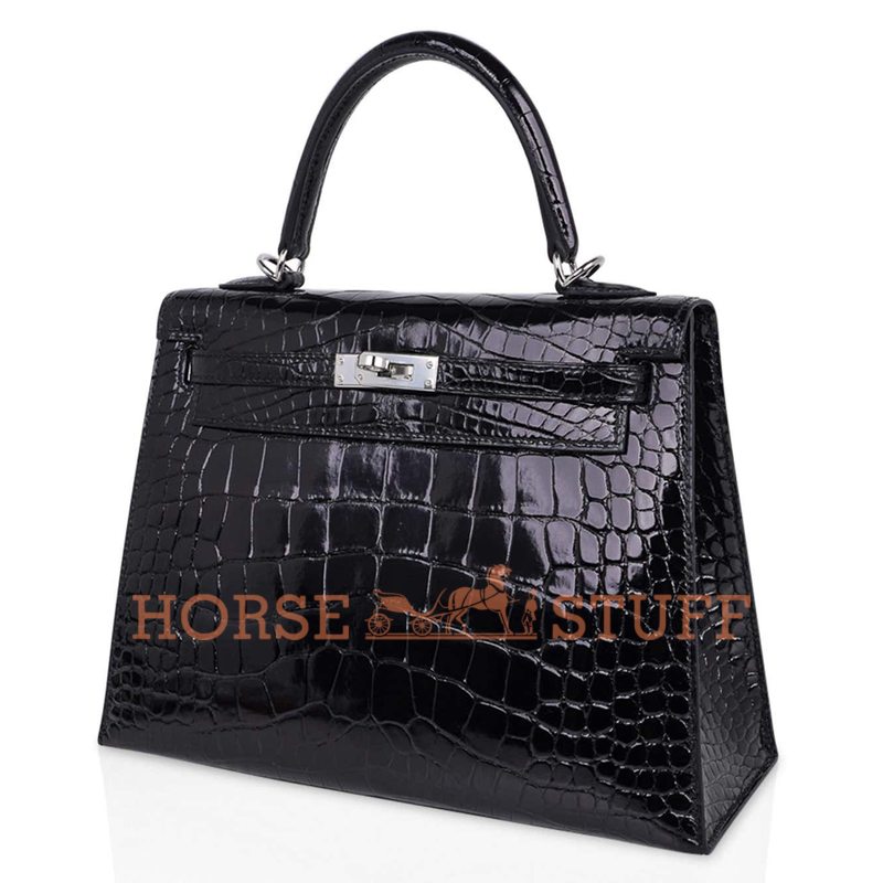 Hermès Kelly Sellier 25 Black Lisse Crocodile Alligator PHW