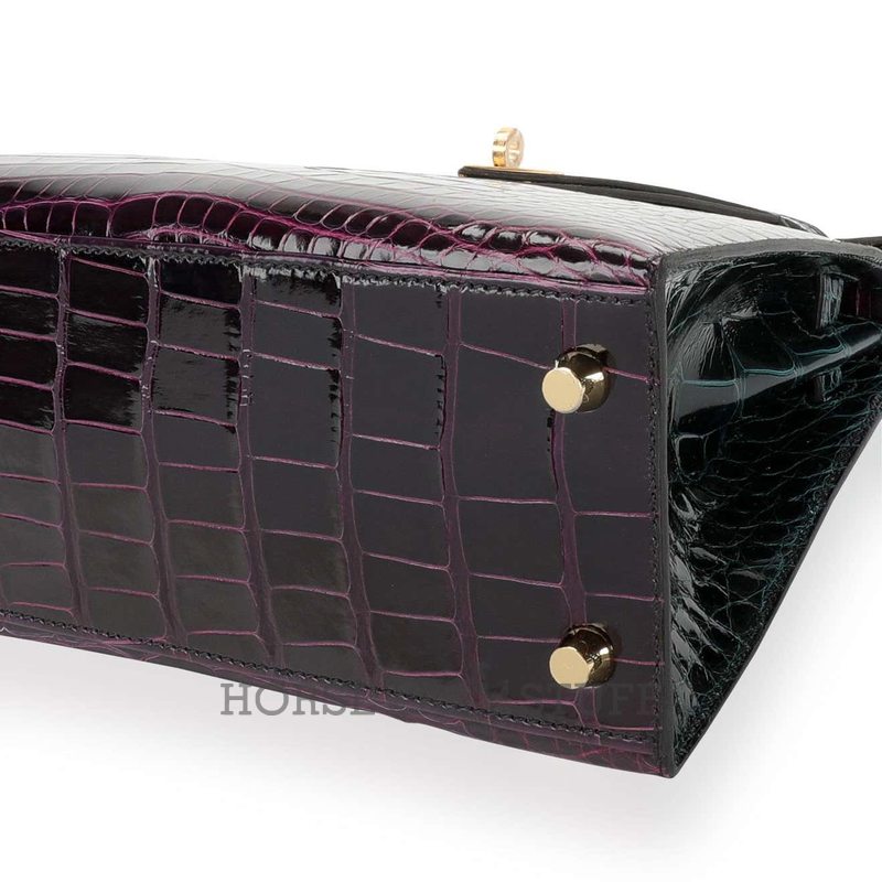 Hermès Kelly Sellier 25 Special Order HSS Amethyst / Vert Cypress Lisse Crocodile Alligator GHW