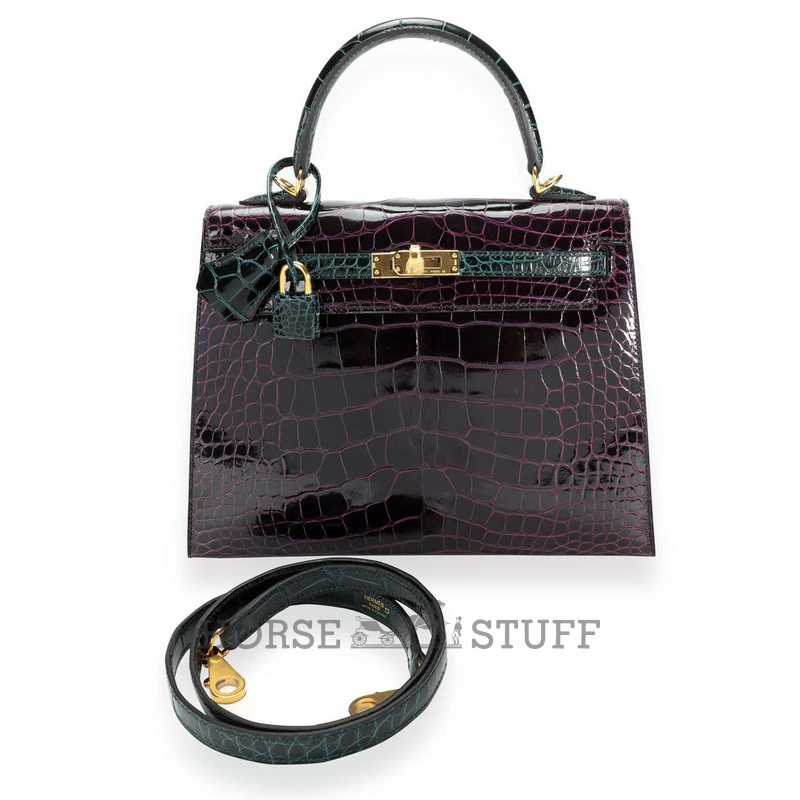 Hermès Kelly Sellier 25 Special Order HSS Amethyst / Vert Cypress Lisse Crocodile Alligator GHW