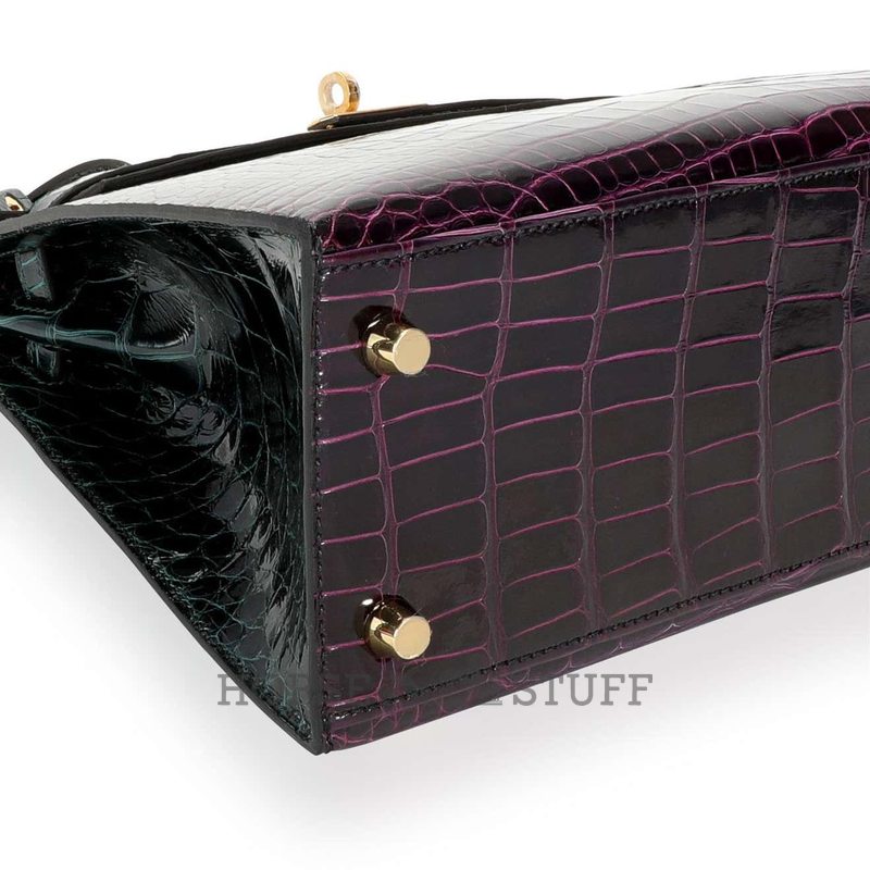 Hermès Kelly Sellier 25 Special Order HSS Amethyst / Vert Cypress Lisse Crocodile Alligator GHW