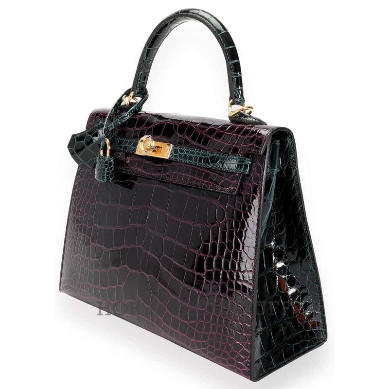 Hermès Kelly Sellier 25 Special Order HSS Amethyst / Vert Cypress Lisse Crocodile Alligator GHW