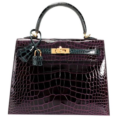 Hermès Kelly Sellier 25 Special Order HSS Amethyst / Vert Cypress Lisse Crocodile Alligator GHW