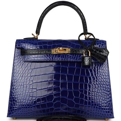 Hermès Kelly Sellier 25 Special Order HSS Blue Electrique / Blue Marine Lisse Crocodile Alligator GHW