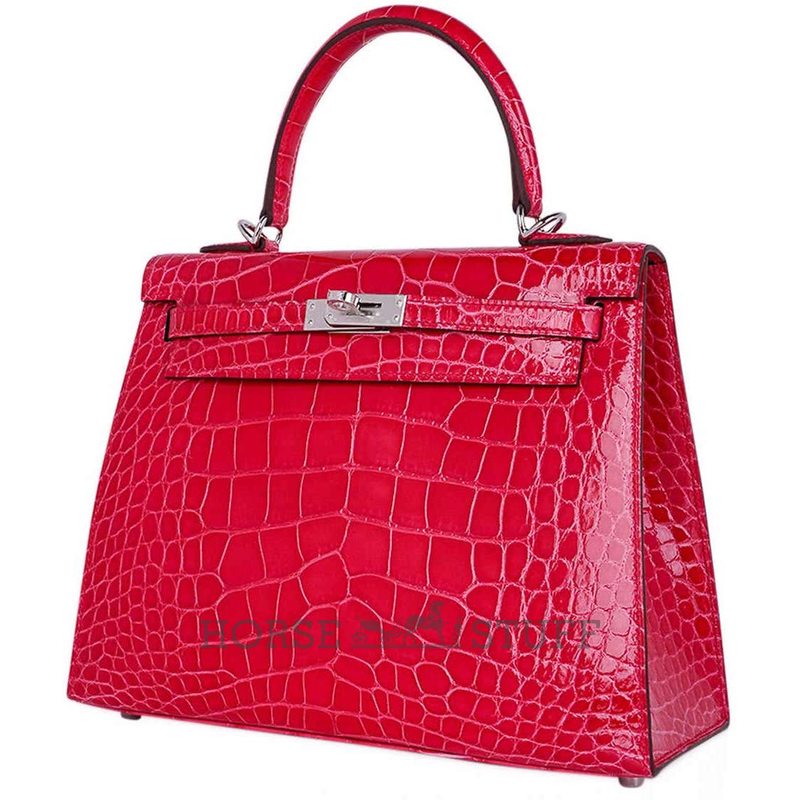 Hermès Kelly Sellier 25 Special Order HSS Verso Rose Extreme / Trench Lisse Crocodile Alligator PHW