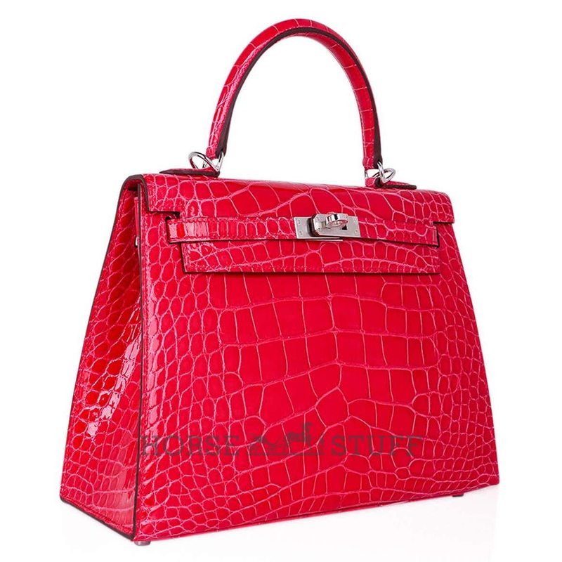 Hermès Kelly Sellier 25 Special Order HSS Verso Rose Extreme / Trench Lisse Crocodile Alligator PHW