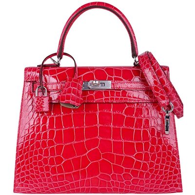 Hermès Kelly Sellier 25 Special Order HSS Verso Rose Extreme / Trench Lisse Crocodile Alligator PHW 