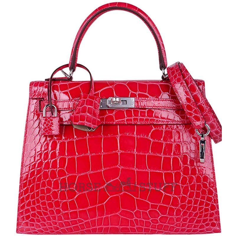 Hermès Kelly Sellier 25 Special Order HSS Verso Rose Extreme / Trench Lisse Crocodile Alligator PHW
