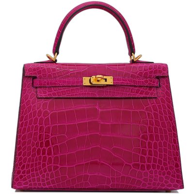 Hermès Kelly Sellier 25 Rose Pourpre Lisse Crocodile Alligator GHW