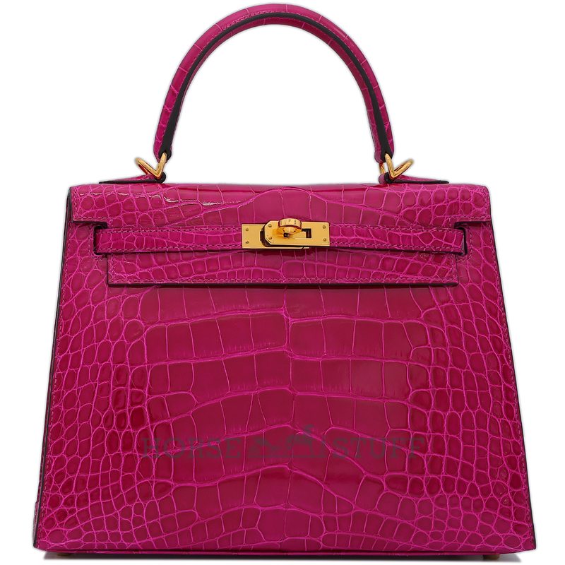 Hermès Kelly Sellier 25 Rose Pourpre Shiny Crocodile Alligator GHW