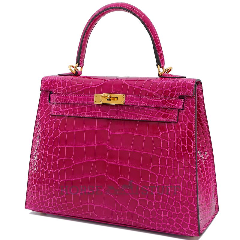 Hermès Kelly Sellier 25 Rose Pourpre Shiny Crocodile Alligator GHW