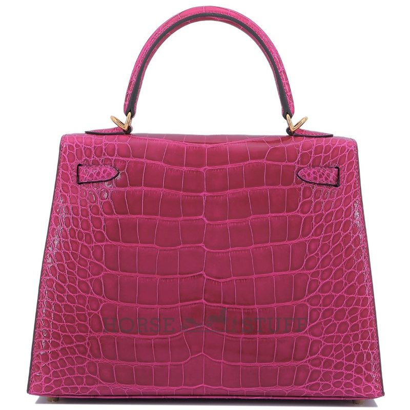Hermès Kelly Sellier 25 Rose Pourpre Shiny Crocodile Alligator GHW