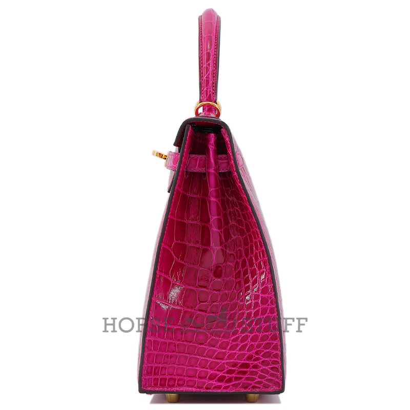 Hermès Kelly Sellier 25 Rose Pourpre Shiny Crocodile Alligator GHW