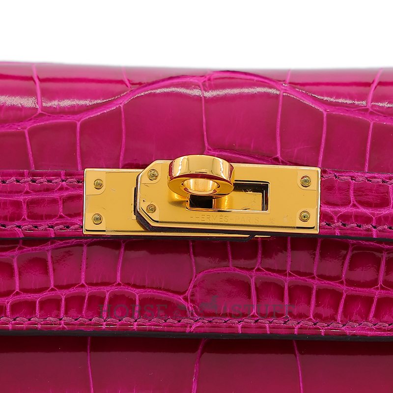 Hermès Kelly Sellier 25 Rose Pourpre Shiny Crocodile Alligator GHW