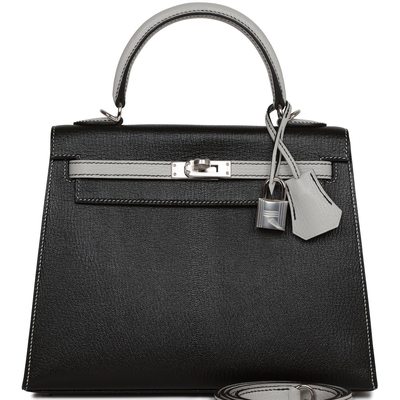 Hermès Kelly Sellier 25 Special Order HSS Black / Gris Perle Chèvre PHW