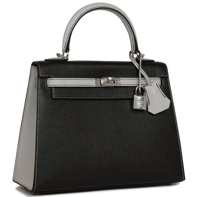 Hermès Kelly Sellier 25 Special Order HSS Black / Gris Perle Chèvre PHW