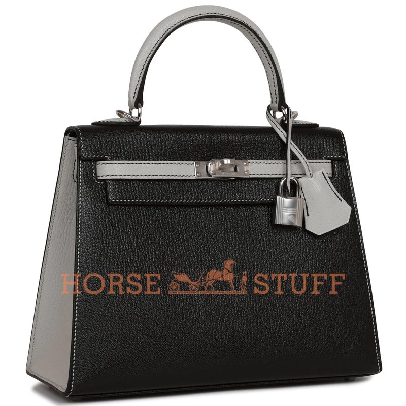 Hermès Kelly Sellier 25 Special Order HSS Black / Gris Perle Chèvre PHW