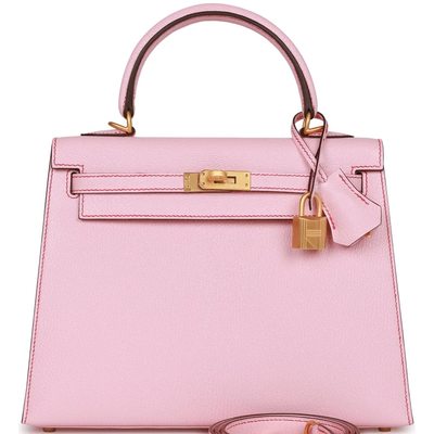 Hermès Kelly Sellier 25 Special Order HSS Rose Sakura Chevre with Rouge de Coeur Contrast Stitching BGHW