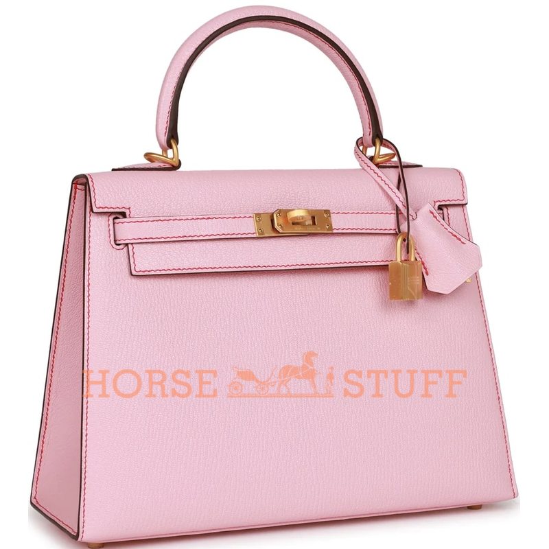 Hermès Kelly Sellier 25 Special Order HSS Rose Sakura Chevre with Rouge de Coeur Contrast Stitching BGHW