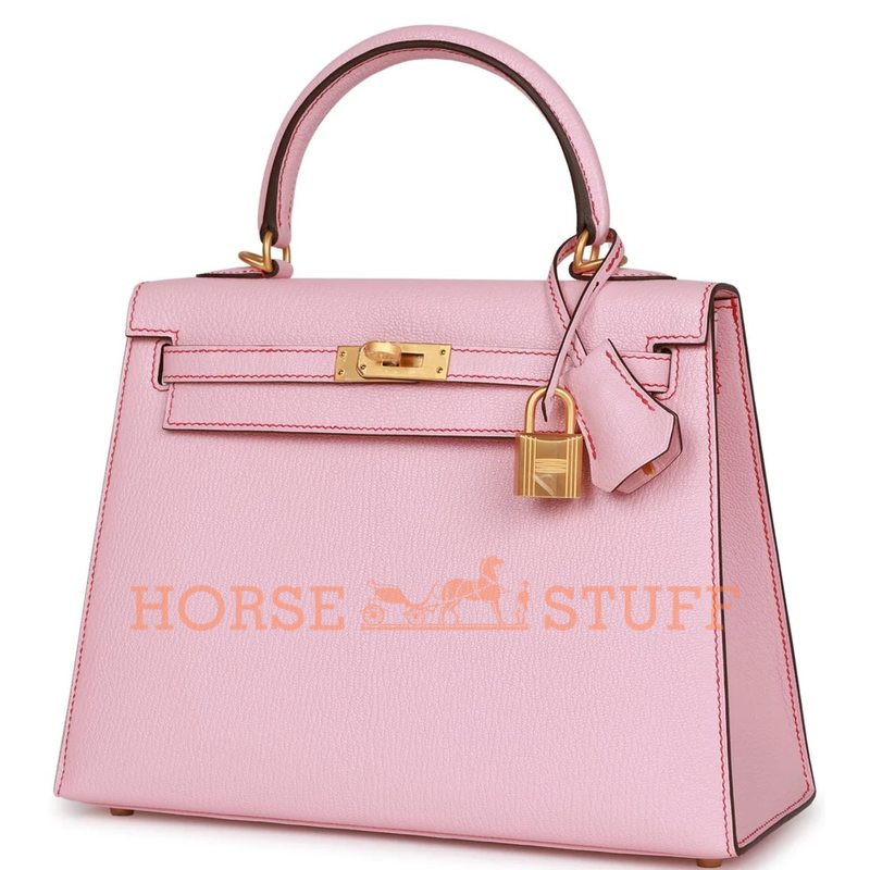 Hermès Kelly Sellier 25 Special Order HSS Rose Sakura Chevre with Rouge de Coeur Contrast Stitching BGHW