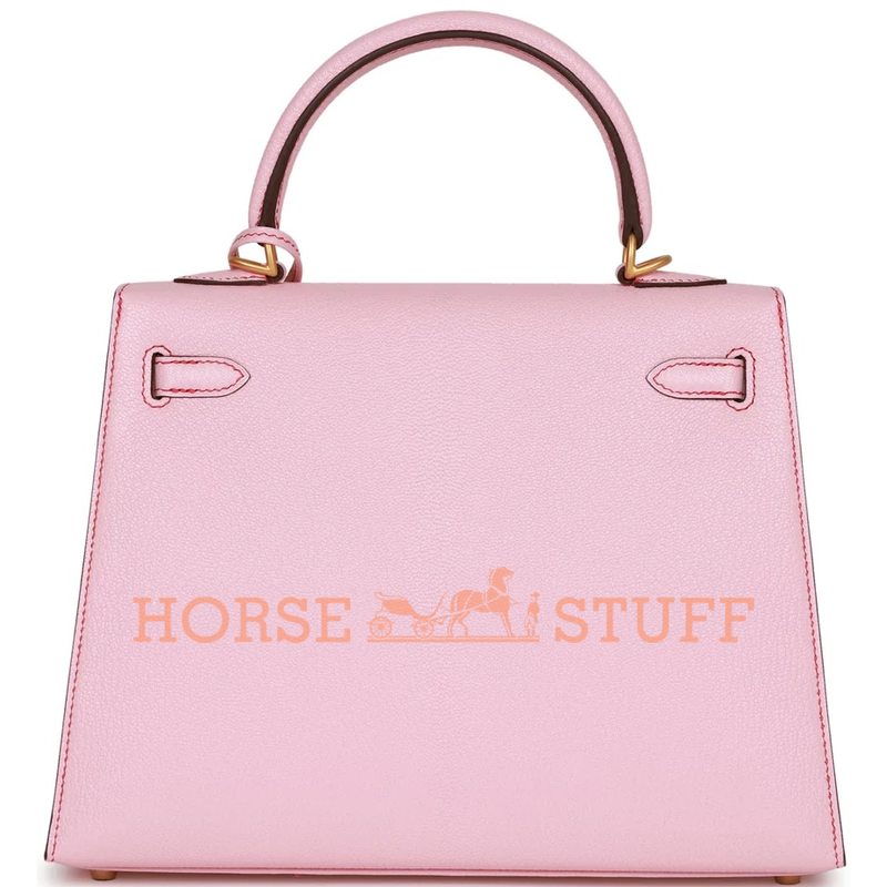 Hermès Kelly Sellier 25 Special Order HSS Rose Sakura Chevre with Rouge de Coeur Contrast Stitching BGHW