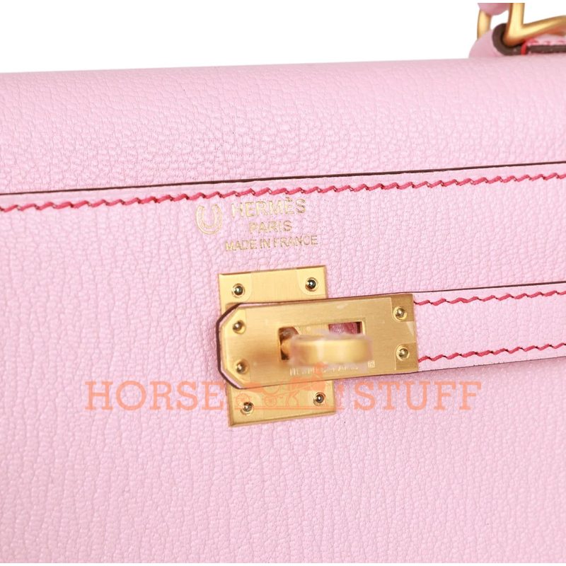 Hermès Kelly Sellier 25 Special Order HSS Rose Sakura Chevre with Rouge de Coeur Contrast Stitching BGHW