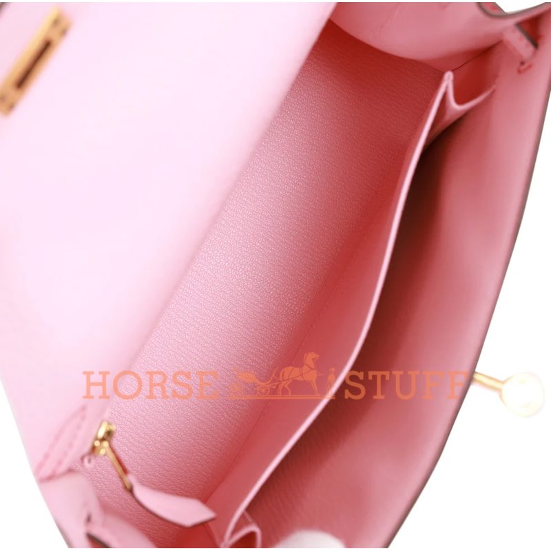 Hermès Kelly Sellier 25 Special Order HSS Rose Sakura Chevre with Rouge de Coeur Contrast Stitching BGHW