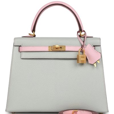 Hermès Kelly Sellier 25 Special Order HSS Gris Perle / Rose Sakura Chevre BGHW