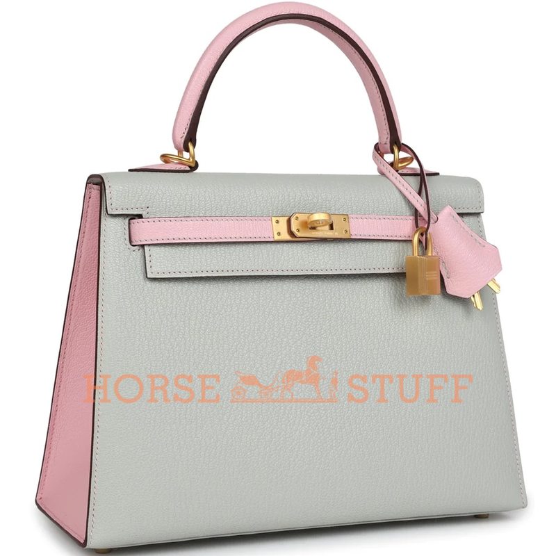 Hermès Kelly Sellier 25 Special Order HSS Gris Perle / Rose Sakura Chevre BGHW