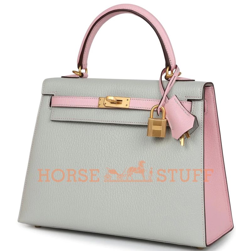 Hermès Kelly Sellier 25 Special Order HSS Gris Perle / Rose Sakura Chevre BGHW