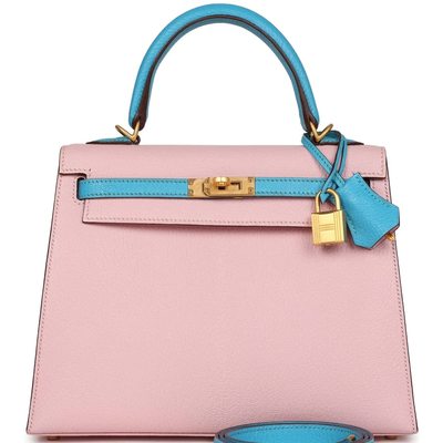 Hermès Kelly Sellier 25 Special Order HSS Rose Sakura / Blue Aztec Chevre BGHW