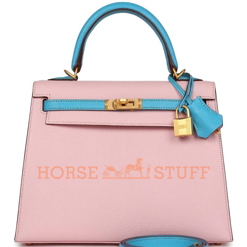 Hermès Kelly Sellier 25 Special Order HSS Rose Sakura / Blue Aztec Chevre BGHW