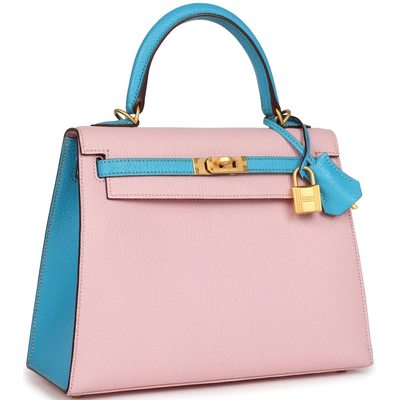 Hermès Kelly Sellier 25 Special Order HSS Rose Sakura / Blue Aztec Chevre BGHW