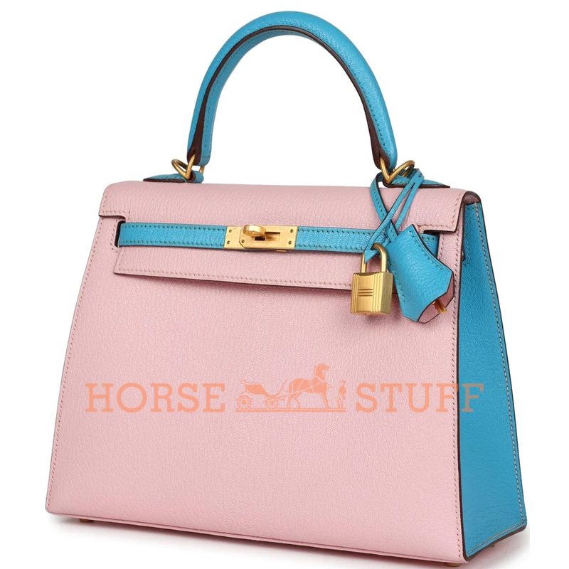 Hermès Kelly Sellier 25 Special Order HSS Rose Sakura / Blue Aztec Chevre BGHW