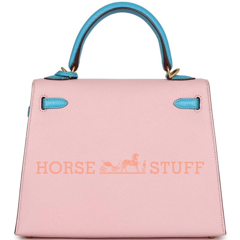 Hermès Kelly Sellier 25 Special Order HSS Rose Sakura / Blue Aztec Chevre BGHW