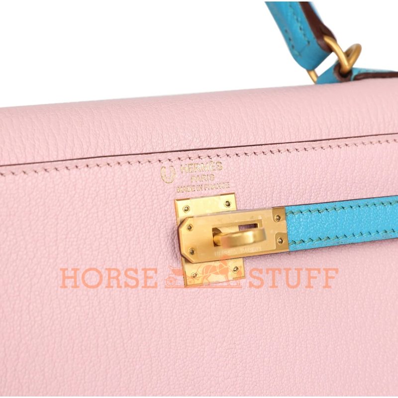 Hermès Kelly Sellier 25 Special Order HSS Rose Sakura / Blue Aztec Chevre BGHW