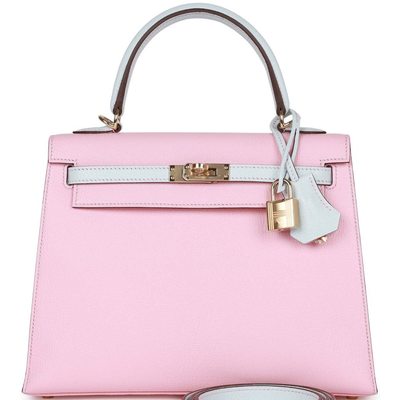 Hermès Kelly Sellier 25 Special Order HSS Rose Sakura / Blue Brume Chèvre GHW